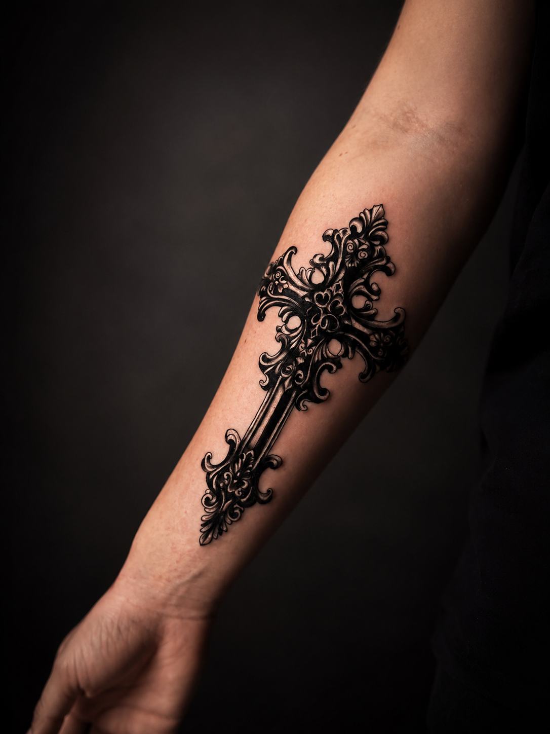 Tatuaje ornamental de cruz en el antebrazo